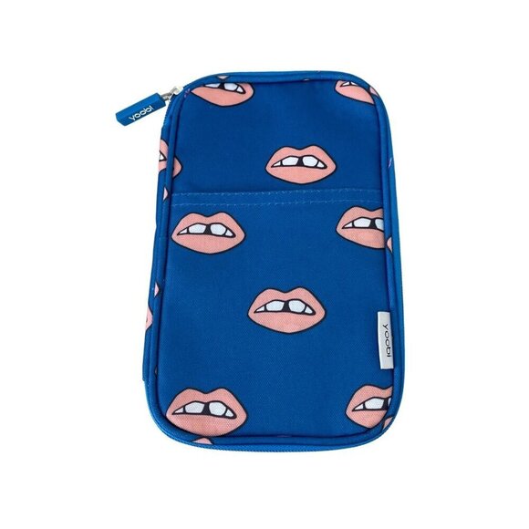 Yoobi Pencil Pens Marker Calculator Cell Phone Case Zip Pockets Blue Mouth Lips - Picture 1 of 5